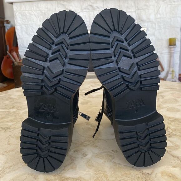 Zara Black Leather Military Lace Up Chunky Ankle Boots With Studs - Picture 12 of 14